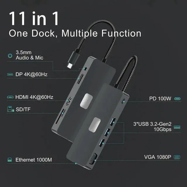 Alt view image 2 of 7 - 11-in-1 Triple Display USB C Docking Station, Multiport Laptop Hub with 4K HDMI, VGA, DP, 3×10Gbps USB3.2, Gigabit Ethernet, 100W PD Charging, SD & TF Card Reader for Type-C Laptops