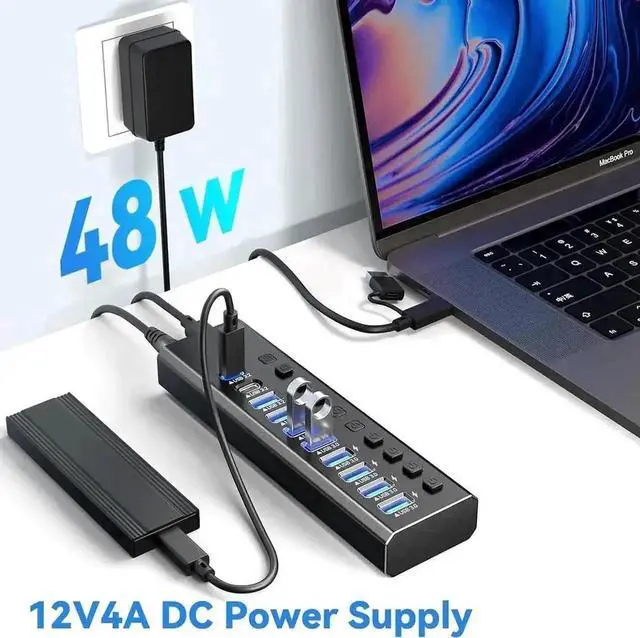 Alt view image 2 of 7 - Aluminum Powered USB 3.2 Hub, 10-Port Multiport Splitter: 1×10Gbps USB-A 3.2, 2×USB-C 3.2, 7×USB3.0, Independent Port On/Off Switches, 12V Power Adapter for Desktop & Laptop