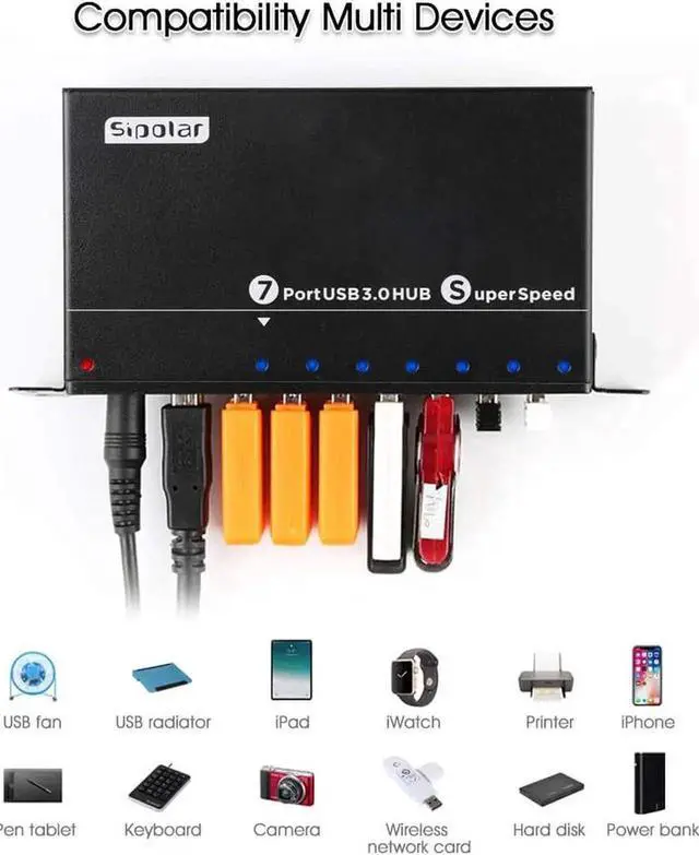 Alt view image 5 of 6 - Aluminum 7-Port Powered USB 3.0 Splitter Hub, SuperSpeed 5Gbps Data Transfer, 12V 3A 36W Power Adapter, Mounting Bracket & LED Indicator Lights, Black Desktop Industrial USB Hub