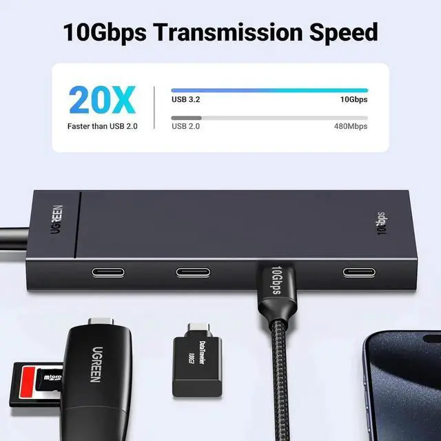 Alt view image 6 of 7 - UGREEN 4-Port USB-C Data Hub, 10Gbps USB 3.2 Gen2 Multiport Adapter, 0.3ft Short Cable, Plug & Play, Data Only, Compatible with MacBook Pro/Air, iPad Pro, iPad mini 6, iPhone 15 Series