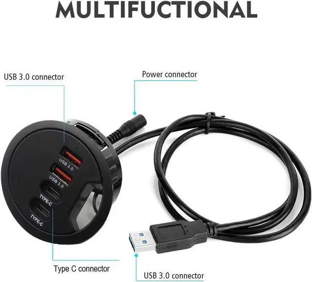 Alt view image 4 of 7 - 60mm 2.36 Inch Grommet Mount USB 3.0 Desk Hub, 2 USB-A + 2 USB-C Ports for Data & Charging, Table Cable Hole USB Splitter with 5V/2A Power Adapter for Office & Gaming Desks