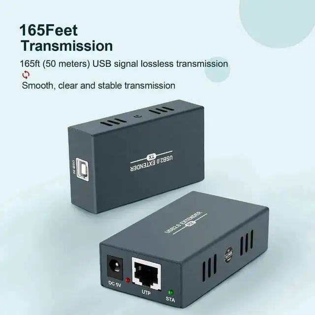 Alt view image 2 of 7 - USB Over Ethernet Extender Kit 165FT, 4-Port USB 2.0 Hub Extension via Single Cat5e/Cat6/Cat7 Cable Up to 50 Meters, Plug and Play No Driver Required USB RJ45 LAN Signal Extender