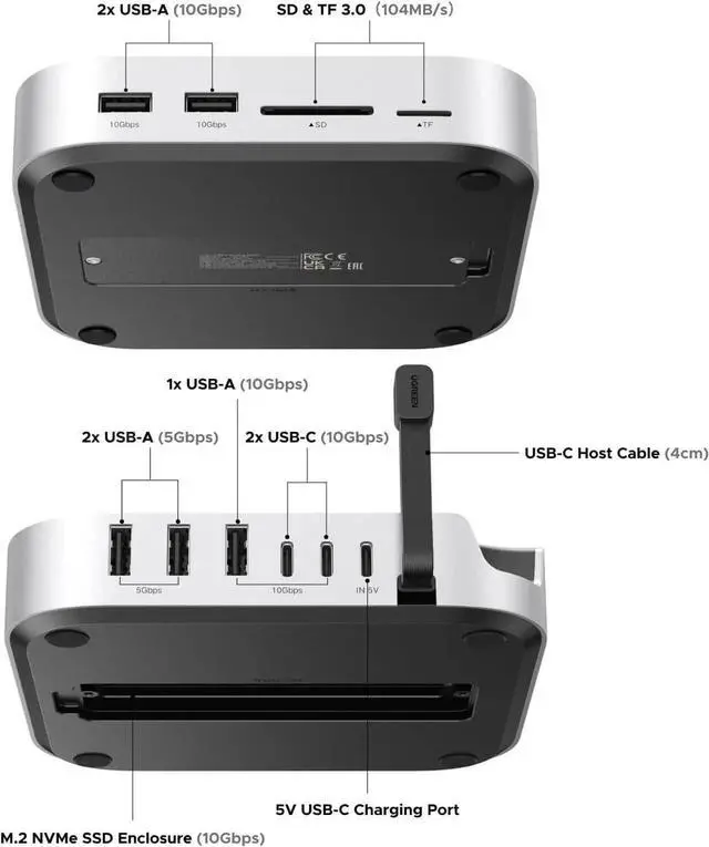 Alt view image 4 of 7 - UGREEN Dock & Stand for Mac mini M4/M4 Pro with Built-in M.2 NVMe SSD Enclosure, 3×10Gbps USB-A, 10Gbps USB-C Data Port, SD/TF Card Reader, Aluminum Silver Docking Station