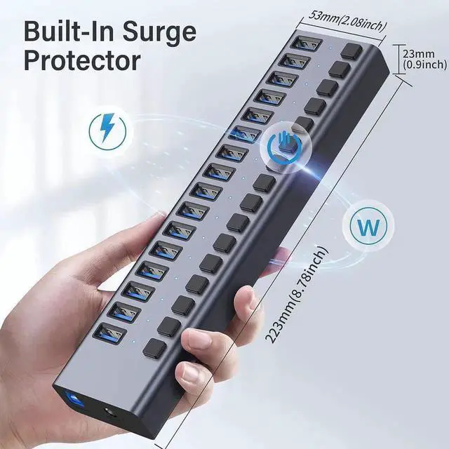 Alt view image 3 of 7 - 16-Port Powered USB 3.0 Hub Splitter with Independent On/Off Switches, Built-in 90W (12V 7.5A) Power Adapter, High Speed Data USB Expansion Hub Compatible with MacBook, Mac Pro/Mini, iMac, Surface Pro