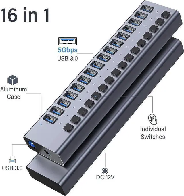 Alt view image 2 of 7 - 16-Port Powered USB 3.0 Hub Splitter with Independent On/Off Switches, Built-in 90W (12V 7.5A) Power Adapter, High Speed Data USB Expansion Hub Compatible with MacBook, Mac Pro/Mini, iMac, Surface Pro