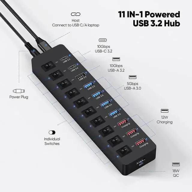 Alt view image 4 of 7 - 11-Port Powered USB 3.2 Multiport Expander with Independent Switches, 3×10Gbps USB-C/USB-A 3.2 Gen2 + 4×5Gbps USB3.0 + 4 Smart Charging Ports, 12V Power Adapter for Laptops, PC, Phones & External SSDs