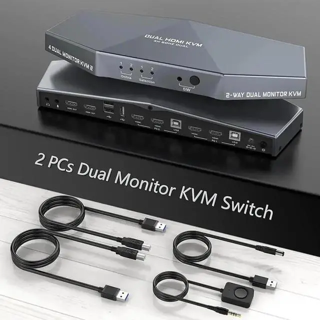 Main image of 4K@60Hz Dual Monitor HDMI KVM Switch for 2 Computers 2 Monitors, 2 Port HDMI KVM Switcher with Audio Port, USB Powered, Hotkey Switch Control, Includes HDMI Cables for Laptops Desktops