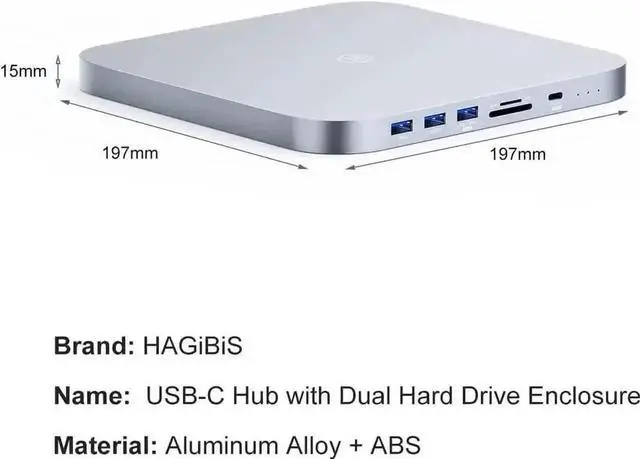 Alt view image 2 of 7 - Hagibis MC25 Pro HD USB-C Docking Station with Dual Hard Drive Enclosure, 4K@60Hz DP1.4 & HDMI Type-C Hub for Mac Mini M2, Mac Studio M1 Max/M1 Ultra, Supports M.2 NVMe SSD & 2.5" SATA HDD, 10Gbps USB