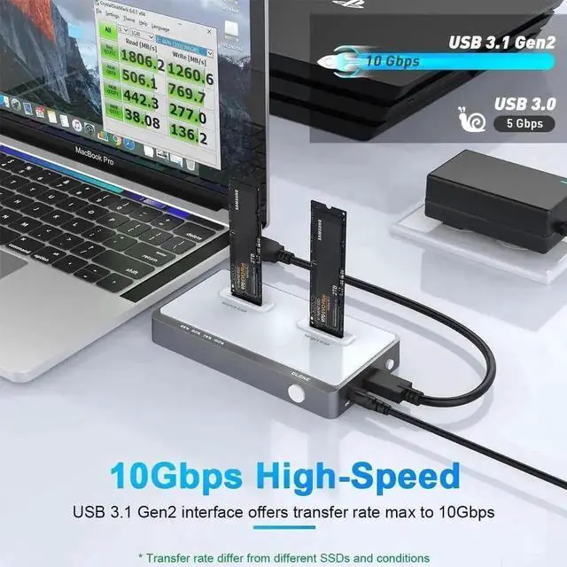 Alt view image 4 of 7 - 10Gbps Tool-Free Dual-Bay M.2 NVMe Docking Station with Offline Clone Function, USB C NVMe SSD Duplicator Enclosure Supports M-Key PCIe M.2 SSD 2242 2260 2280 22110, Dual Slot External SSD Clone Dock