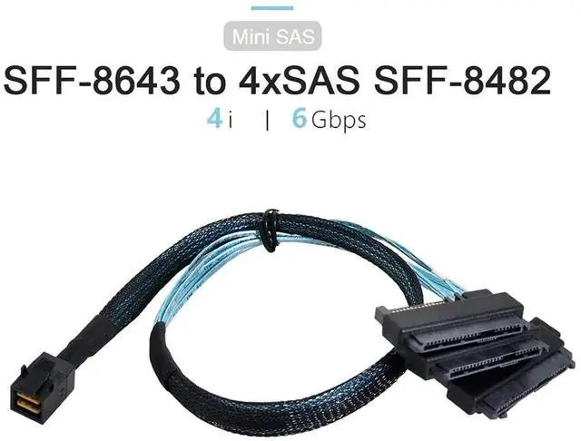 Alt view image 3 of 7 - 0.5M Mini SAS SFF-8643 Host to 4 SFF-8482 29Pin Fanout Cable, 6Gbps SAS RAID Server Hard Drive Data Cable