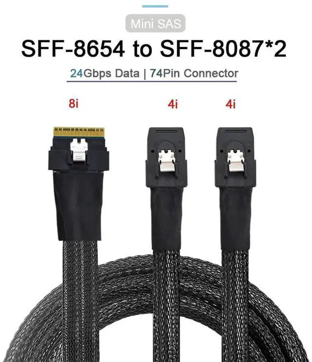 Alt view image 7 of 7 - 50cm PCIe 4.0 Ultraport Slimline SAS Fanout Cable, SFF-8654 8i 74Pin Host to Dual SFF-8087 36Pin Mini SAS Internal Server RAID Storage Breakout Cable
