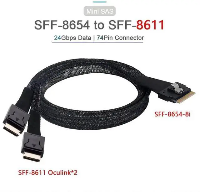 Alt view image 5 of 7 - 50CM PCIe 4.0 SlimSAS 8i Fanout Cable, SFF-8654 74Pin x8 Host to Dual OCuLink SFF-8611 Storage Interconnection Cable for High-Density Server OCP Storage Expansion