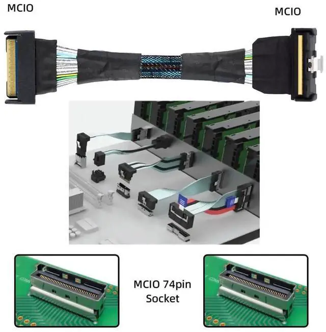 Alt view image 6 of 7 - 35cm PCIe 5.0 MCIO Angled Male to Male Extension Cable, Mini Cool Edge IO 74Pin 8i Slimline SAS 4.0 24Gbps High-Density Server Interconnect Cable for Data Center NVMe Storage Arrays