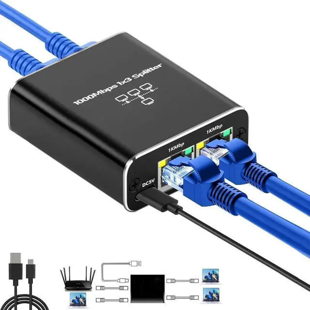 Main image of 1-in-3 Out Gigabit RJ45 Ethernet Splitter with USB Power Cord, 1000Mbps High Speed LAN Splitter Supports 3 Devices Simultaneously, Compatible with Cat5/Cat5e/Cat6/Cat7/Cat8 Network Cables