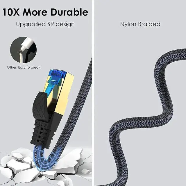 Alt view image 4 of 7 - 30M/100FT Nylon Braided Cat8 Ethernet Cable, Indoor & Outdoor Heavy Duty 26AWG S/FTP LAN Patch Cord, 40Gbps 2000MHz High Speed Network Wire for Router Switch PoE Camera PS5 Xbox Gaming