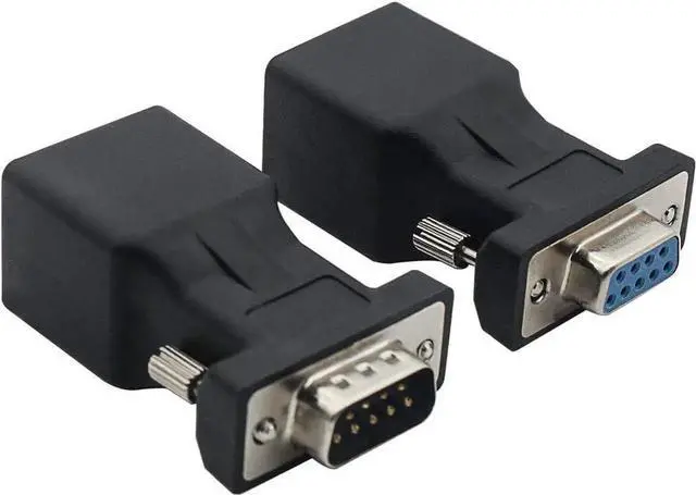 Main image of 2 Pack DB9 9-Pin Male VGA to RJ45 Female Extender Adapter, VGA Signal Over Cat5/Cat6 LAN Cable Converter Connector