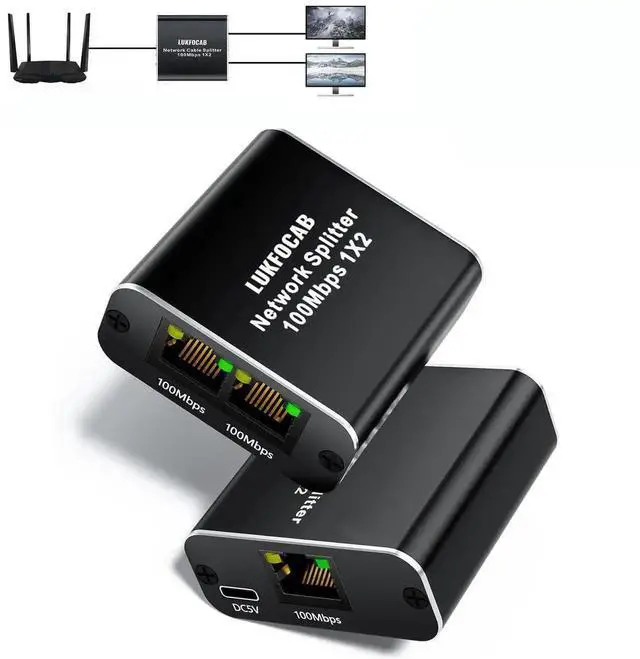 Main image of 1 to 2 RJ45 Ethernet Splitter, 100Mbps Active LAN Splitter Adapter with USB Power Cable, Supports 2 Devices Simultaneous Networking, Compatible with Cat5/Cat5e/Cat6/Cat7/Cat8 Ethernet Cables