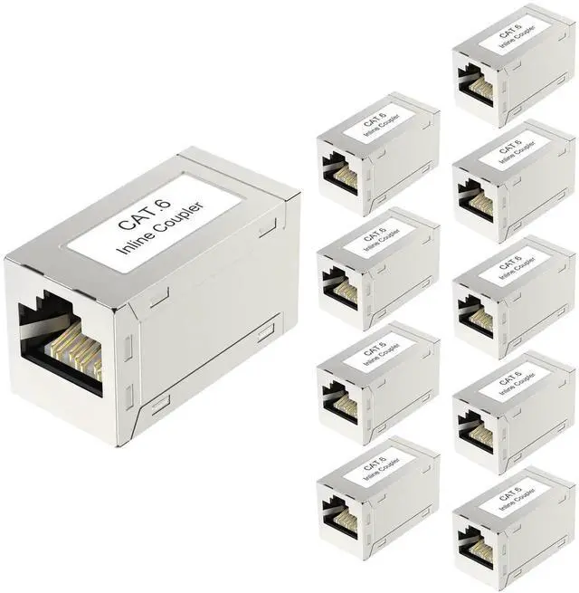 Main image of 10 Pack Silver Shielded RJ45 Cat6 Coupler, Female to Female Inline PoE Ethernet Extender Connector Compatible with Cat5/Cat5e/Cat6 Network Cables
