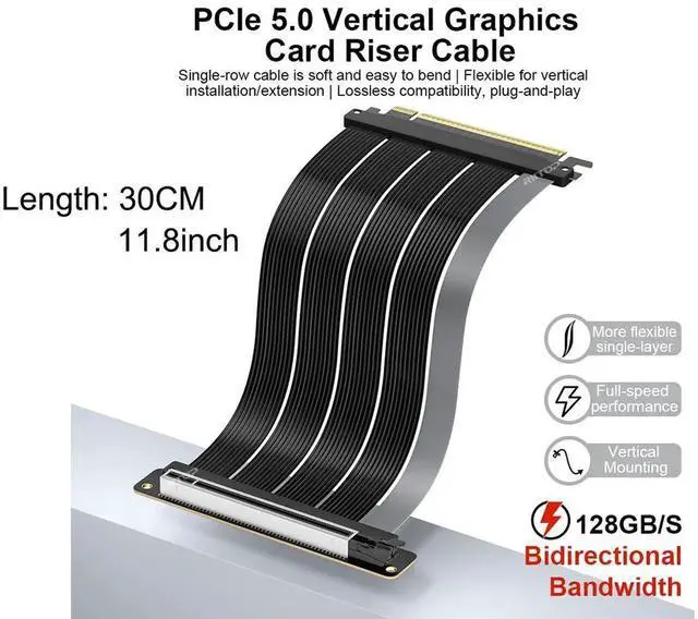 Alt view image 2 of 7 - 30CM PCIe 5.0 90 Degree Right Angle GPU Riser Cable, PCIe 4.0 Backward Compatible Vertical Graphics Card Extension Cord for RTX 5090 RTX 4090 RX 9070 RX 7900 All NVIDIA AMD GPUs