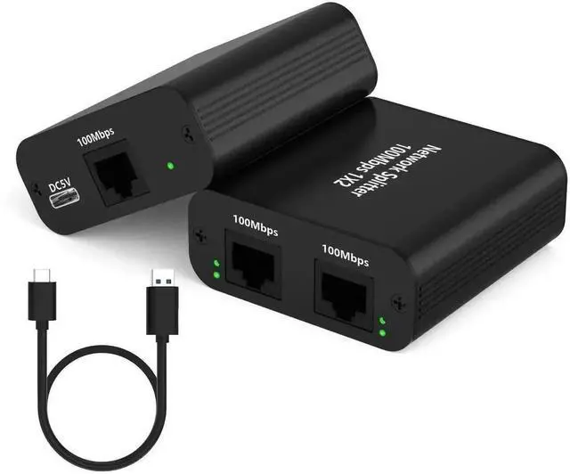 Main image of 1 to 2 Port RJ45 Ethernet Splitter with USB Power Cable, 100Mbps Network Splitter Adapter, Supports Cat5 Cat5e Cat6 Cat7 LAN Cables for 2 Devices Simultaneous Connection