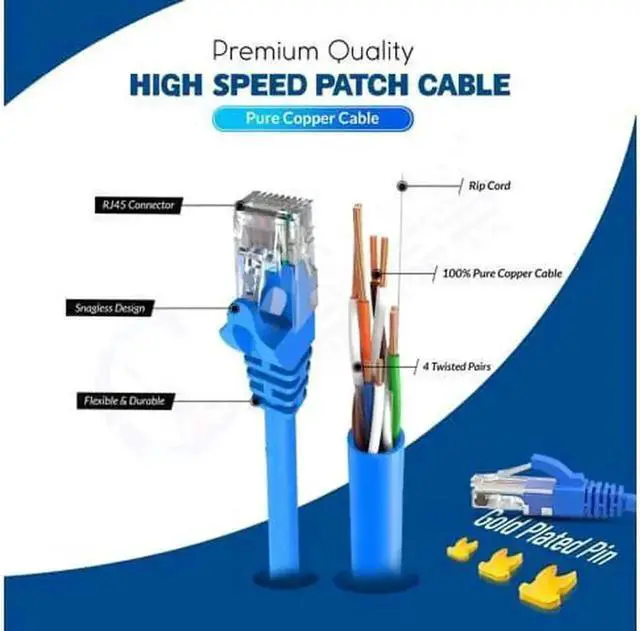 Alt view image 2 of 7 - 10 Pack 15ft Blue Cat6 Ethernet Patch Cable, Pure Bare Copper 8P8C RJ45 LAN Network Cord for Router, Switch, PC, Gaming Console