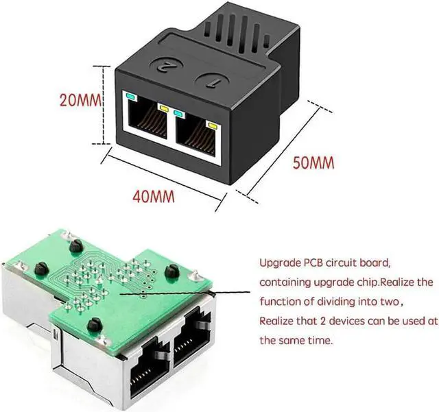Alt view image 4 of 7 - 1 in 2 Out RJ45 Ethernet Splitter, 1 Female to 2 Female LAN Cable Adapter, Compatible with Cat5/Cat5e/Cat6/Cat7, for Router, TV, Set-Top Box, ADSL Hub, PC & Wireless Devices