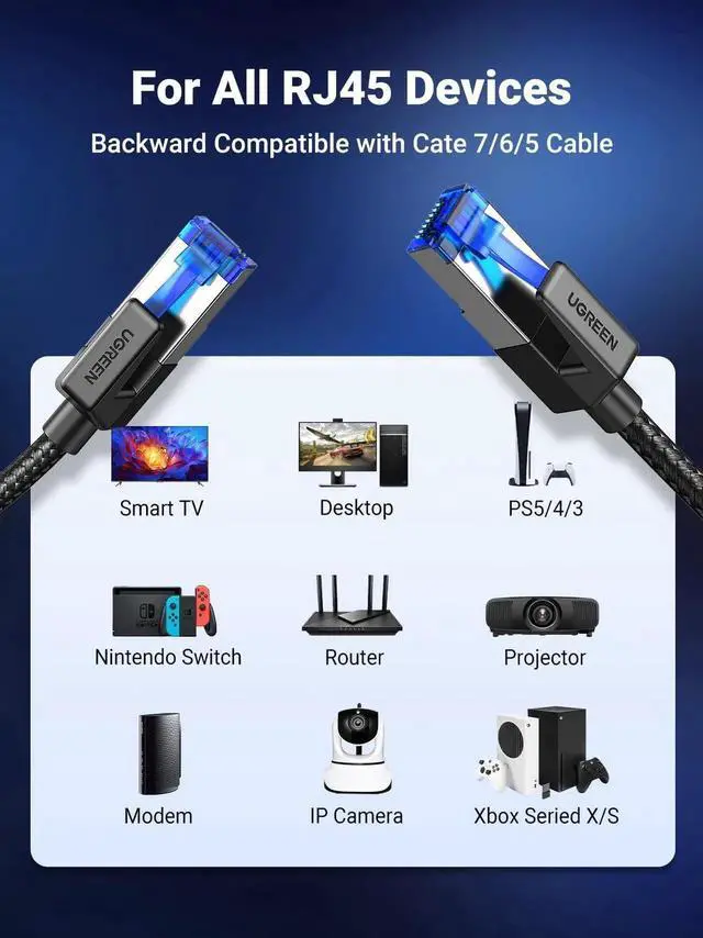 Alt view image 7 of 7 - 25FT Braided Cat8 Ethernet Cable, 40Gbps 2000MHz SFTP Shielded Heavy Duty LAN Network Cord, 26AWG Pure Copper RJ45 Gaming Cable Compatible with PC, PS3, PS4, PS5, Xbox, Modem, Router