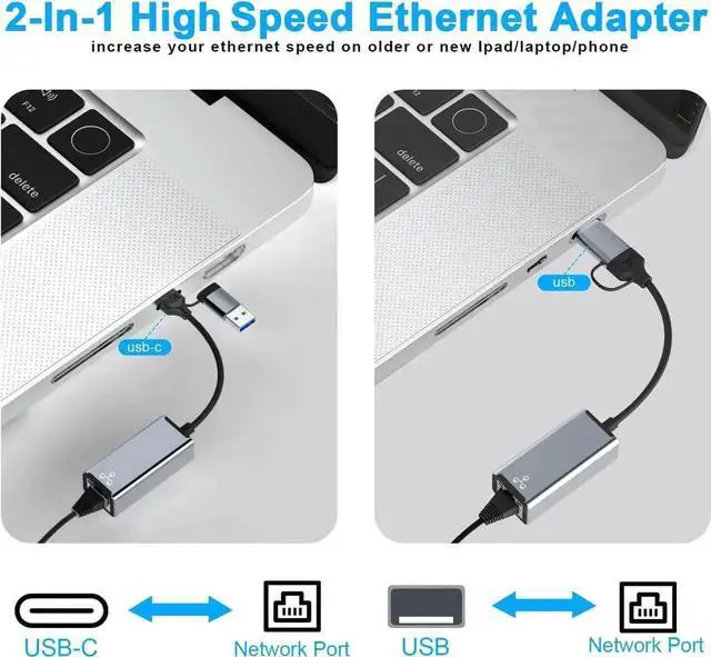 Alt view image 7 of 7 - UC164 2-in-1 USB 3.0 & USB C to Gigabit Ethernet Adapter, 10/100/1000Mbps RJ45 LAN Dongle, Wired Network Converter for Laptop, iMac, XPS, Galaxy S21/S20, Windows & Mac OS