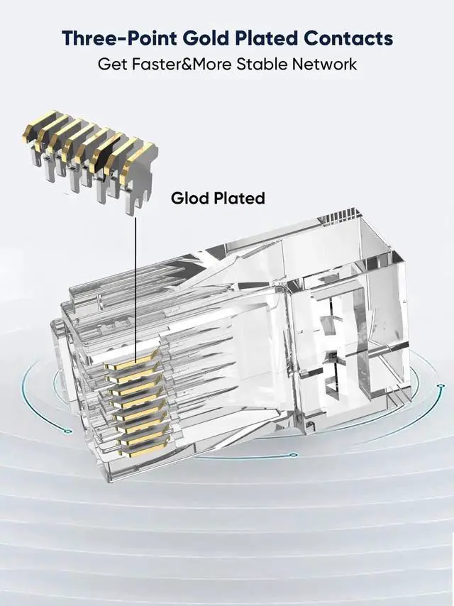 Alt view image 5 of 6 - 100 Pack Unshielded Pass Through Cat6 RJ45 Modular Plugs, Gold Plated Crimp Connectors Compatible with Cat6 & Cat5e UTP Solid/Stranded Ethernet Cables