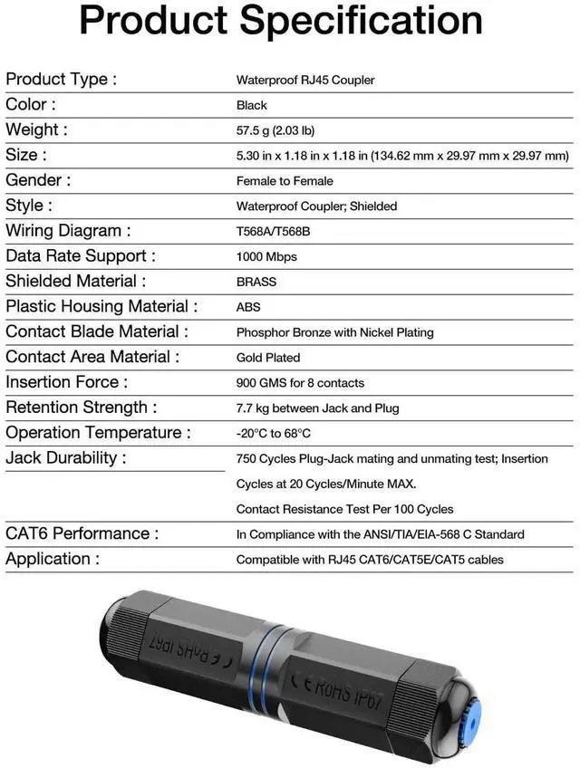Alt view image 4 of 6 - 5 Pack IP68 Waterproof Shielded RJ45 Female to Female Coupler, 1000Mbps Gigabit PoE LAN Cable Extender Connector Compatible with Cat5/Cat5e/Cat6 Ethernet Cables for Outdoor Use