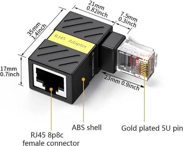Alt view image 7 of 7 - 2 Pack 360° Rotatable Right Angle RJ45 Male to Female Adapter, 90 Degree Cat5/Cat6 Ethernet LAN Cable Extender Connector for Tight Space Wiring