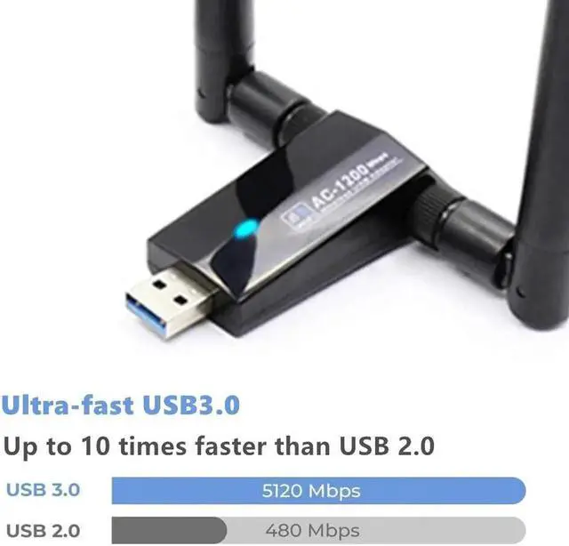Alt view image 4 of 7 - AC1200 USB 3.0 Dual Band WiFi Adapter with 5DBI High Gain Antenna, 2.4GHz 300Mbps + 5.8GHz 867Mbps Wireless Network Dongle, CD Driver Included, Compatible with Desktop, Laptop, Windows XP/Vista/7/8/10