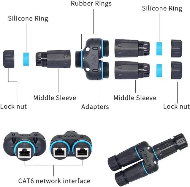 Alt view image 4 of 7 - 1 Pair IP68 Waterproof 1-in-2 Out RJ45 Splitter Coupler, Shielded Outdoor Weatherproof LAN Cable Splitter Connector, Compatible with Cat5/Cat5e/Cat6/Cat7/Cat8 Ethernet Cables