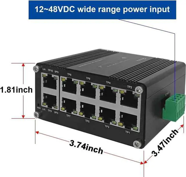 Alt view image 6 of 7 - 10 Port Industrial Hardened Gigabit Ethernet Switch, Compact 10/100/1000BASE-T RJ45 Network Switch with Auto-MDI/MDI-X, 12-48VDC Wide Voltage Power Input, Supports Half/Full Duplex
