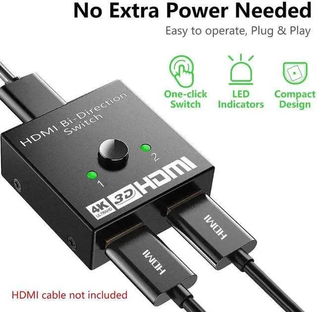 Alt view image 2 of 7 - Aluminum Bidirectional HDMI Switch Splitter 4K@60Hz, 2 in 1 Out HDMI Switch / 1 in 2 Out HDMI Splitter, Supports HDR 3D, Compatible with Xbox, PS5, PS4, PS3, Blu-Ray Player, Fire Stick, Roku, HDTV