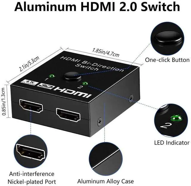 Alt view image 3 of 7 - Aluminum Bidirectional HDMI Switch Splitter 4K@60Hz, 2 in 1 Out HDMI Switch / 1 in 2 Out HDMI Splitter, Supports HDR 3D, Compatible with Xbox, PS5, PS4, PS3, Blu-Ray Player, Fire Stick, Roku, HDTV
