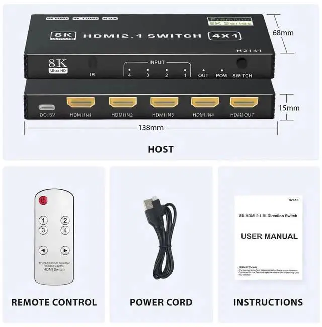 Alt view image 6 of 7 - 8K HDMI 2.1 Switch 4 in 1 Out, 48Gbps High Speed HDMI Switch Box with IR Remote & Auto Switching, Supports HDR10 HDCP2.3, Compatible with PS5, PS4, PS3, Xbox, Nintendo Switch, HDTV & Monitor