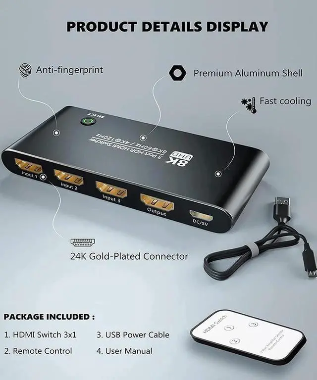 Alt view image 6 of 7 - Aluminum HDMI 2.1 Switch 3 in 1 Out, 48Gbps 8K@60Hz 4K@120Hz 1440P@165Hz 1080P@240Hz Switcher with IR Remote & eARC Audio Return, HDCP2.3 HDR Compatible with Xbox Series X, PS5, UHD TV Monitor