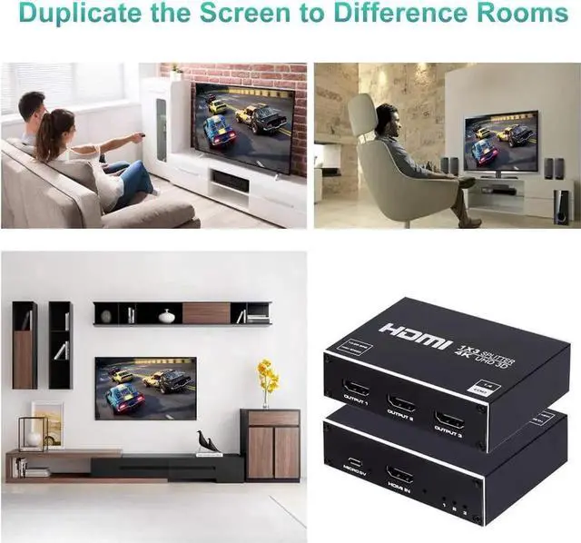 Alt view image 4 of 7 - 1 in 3 Out Powered 4K HDMI Splitter, Metal Housing 3-Port HDMI Mirror Splitter, Duplicate Single Video Source to 3 Identical Displays for HDTV & Projector