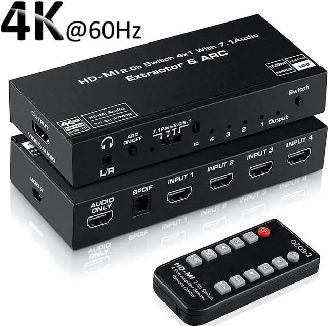 Main image of 4 Port HDMI 2.0b Switch 4K@60Hz Audio Extractor, 4 in 1 Out HDMI Splitter with Optical SPDIF & 3.5mm AUX Out, Remote Control, ARC, HDR, Dolby Vision, HDCP 2.2, 18Gbps Bandwidth