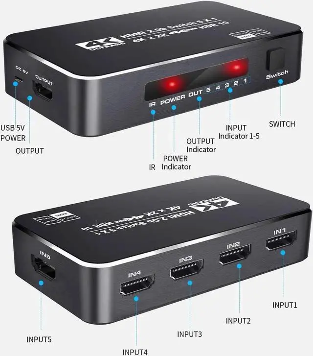 Alt view image 7 of 7 - 5 in 1 Out HDMI Switch 4K@60Hz with Remote Control, 5 Port HDMI Switcher Selector Support HDR10, HDCP 2.2, 3D, Dolby DTS, Compatible with Fire Stick, HDTV, PS4, Game Consoles OZQ3-3