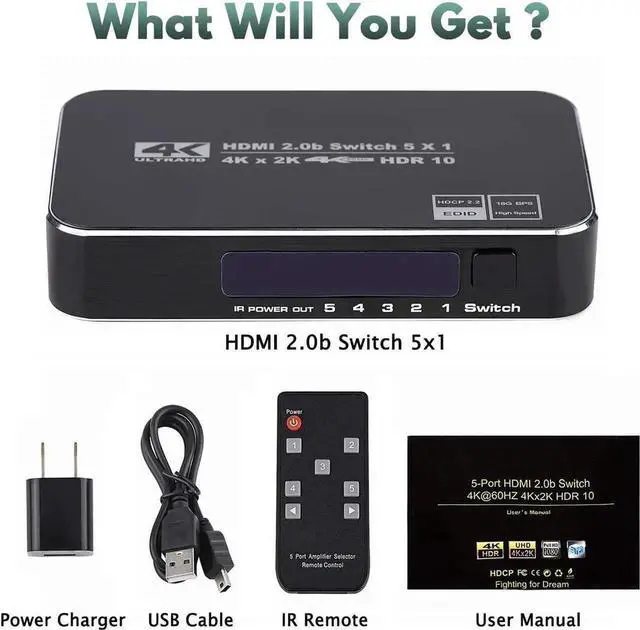 Alt view image 4 of 7 - 5 in 1 Out HDMI Switch 4K@60Hz with IR Remote Control, 5 Port HDMI Switcher Selector Supports HDR, HDCP 2.2 & Full 3D, Works with PS5, PS4, Xbox, Nintendo Switch, Fire Stick, Roku, Apple TV