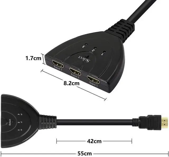 Alt view image 3 of 6 - 3 in 1 Out Manual HDMI Switch with HDMI Cable, 3 Port 1080P HDMI Switcher Splitter, Plug and Play