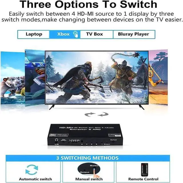 Alt view image 6 of 7 - 4 in 1 Out HDMI 2.0b Audio Extractor Switch with IR Remote, 4 Port 4K@60Hz HDMI Switcher with Optical SPDIF & 3.5mm AUX Audio Output, 18Gbps Bandwidth Supports ARC, HDR, HDCP 2.2, Dolby Vision