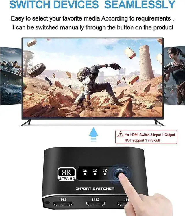 Alt view image 6 of 7 - 3 in 1 Out 8K HDMI Switcher with 3.9FT Built-In HDMI Cable, 3 Port HDMI Hub Splitter Supports 8K@60Hz, HDR10, 3D, HDCP2.3 for PS5/PS4/Xbox/Fire Stick/Roku/Apple TV/PC