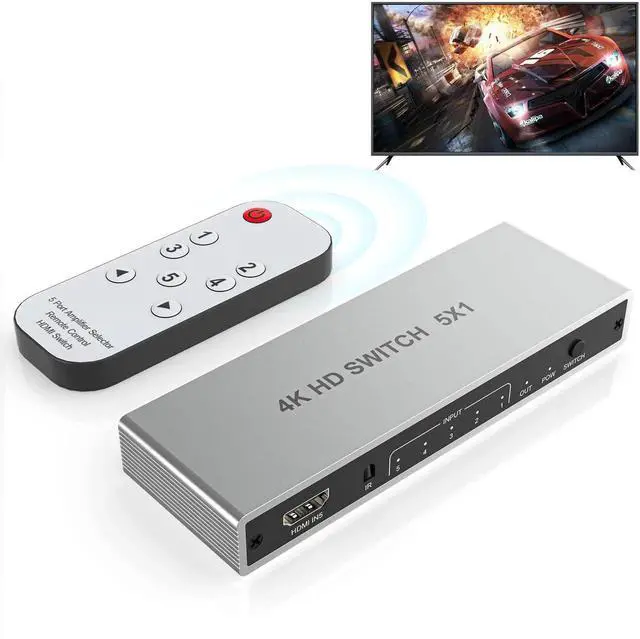 Main image of 5 in 1 Out 4K@60Hz HDMI Switch with IR Remote, 5 Port HDMI Selector Switcher Supports HDR, 3D, CEC, HDCP2.2, Compatible with PS5/PS4/PS3, Xbox, Switch, Roku & Smart TV
