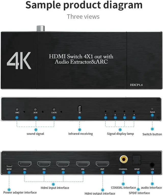 Alt view image 6 of 7 - 4 in 1 Out 4K@60Hz HDMI Switch with Audio Extractor & IR Remote, 18Gbps HDMI 2.0b Audio Separator Box with Optical SPDIF, Coaxial & 3.5mm AUX Output, Supports HDR10, ARC, HDCP2.2