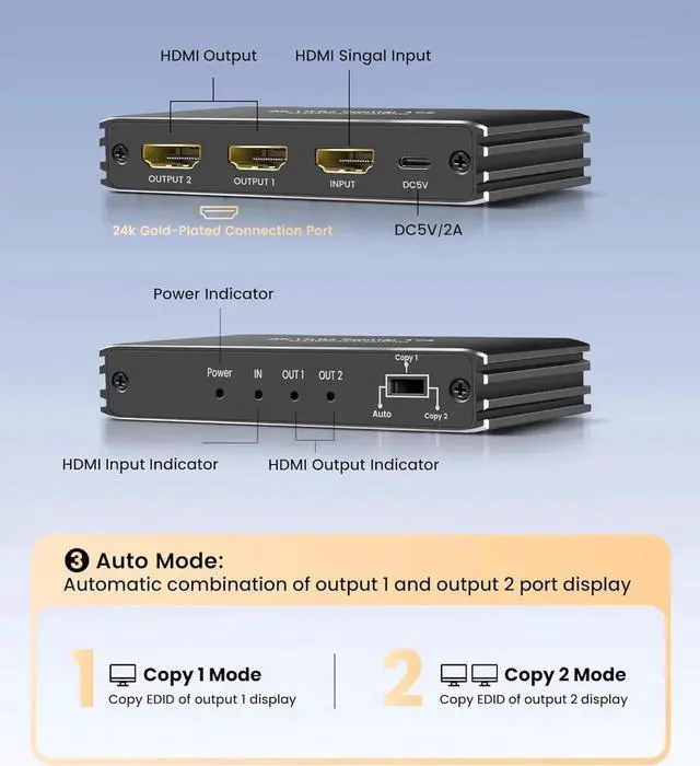 Alt view image 4 of 6 - 1x2 HDMI Splitter 8K@60Hz 4K@120Hz, Powered 1 in 2 Out HDMI Splitter Metal Housing, Mirror Duplicate Screen HDCP 2.3, Distribute 1 Source to 2 Same Displays for TV Projector Monitor