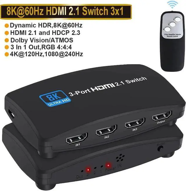 Main image of 3 in 1 Out HDMI 2.1 Switch 8K@60Hz 4K@120Hz with IR Remote, 3-Port 48Gbps HDMI Selector, Support HDCP 2.3, VRR, HDR, Dolby Vision, Compatible with QLED TV, PS5, Xbox, Fire Stick, Roku, Blu-Ray Player,