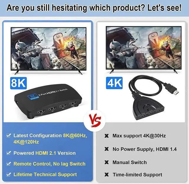 Alt view image 2 of 7 - 3 in 1 Out HDMI 2.1 Switch 8K@60Hz 4K@120Hz with IR Remote, 3-Port 48Gbps HDMI Selector, Support HDCP 2.3, VRR, HDR, Dolby Vision, Compatible with QLED TV, PS5, Xbox, Fire Stick, Roku, Blu-Ray Player,
